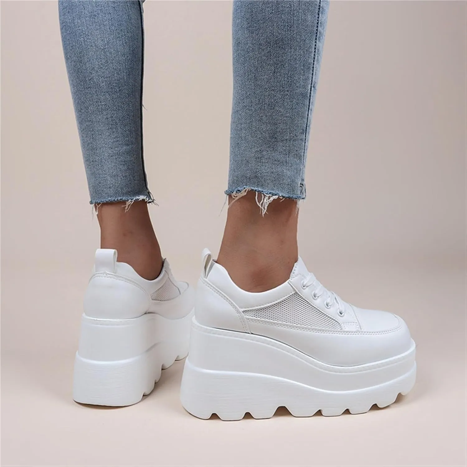 Women's Wedge Platform Mesh Sneakers Casual Fashion Breathable Hollow Non-Slip Shoes Lightweight Orthopedic Lace-up Dress Heels Walking Shoes