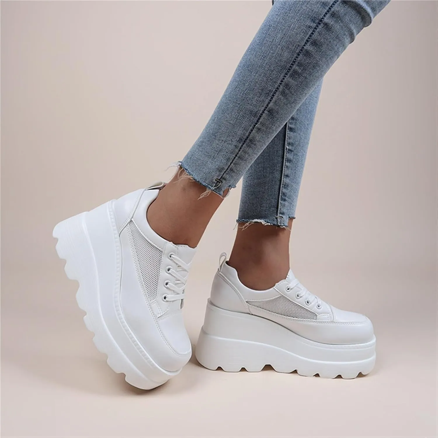 Women's Wedge Platform Mesh Sneakers Casual Fashion Breathable Hollow Non-Slip Shoes Lightweight Orthopedic Lace-up Dress Heels Walking Shoes