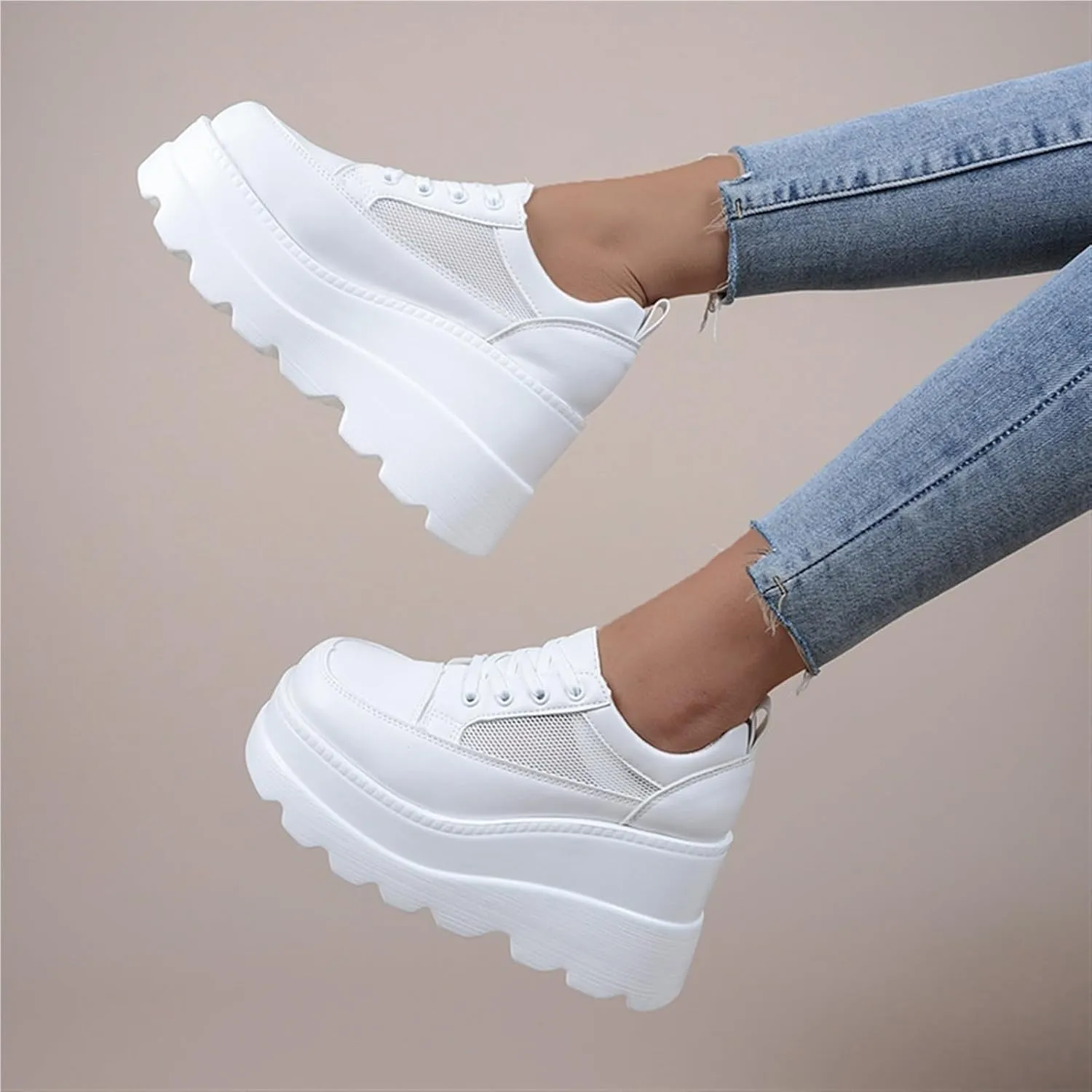Women's Wedge Platform Mesh Sneakers Casual Fashion Breathable Hollow Non-Slip Shoes Lightweight Orthopedic Lace-up Dress Heels Walking Shoes