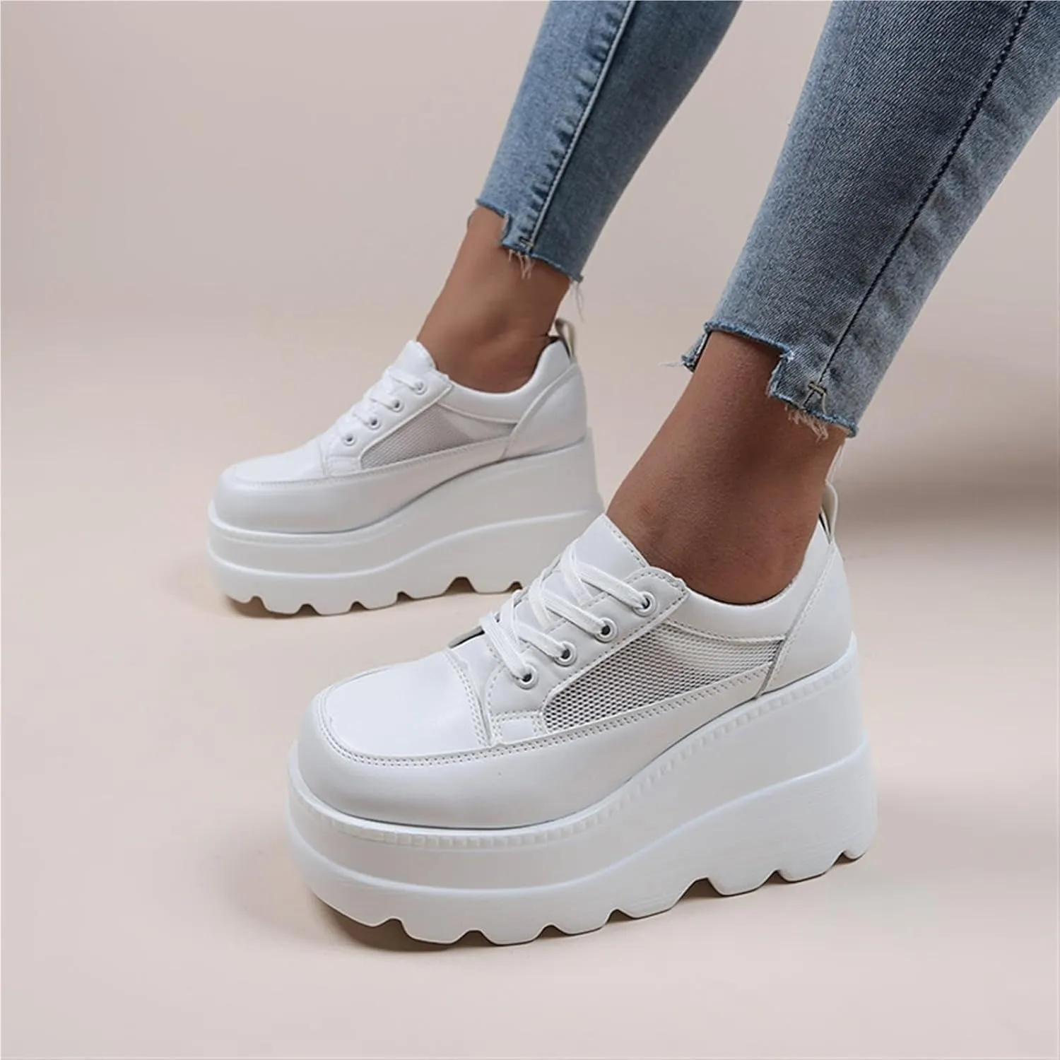 Women's Wedge Platform Mesh Sneakers Casual Fashion Breathable Hollow Non-Slip Shoes Lightweight Orthopedic Lace-up Dress Heels Walking Shoes