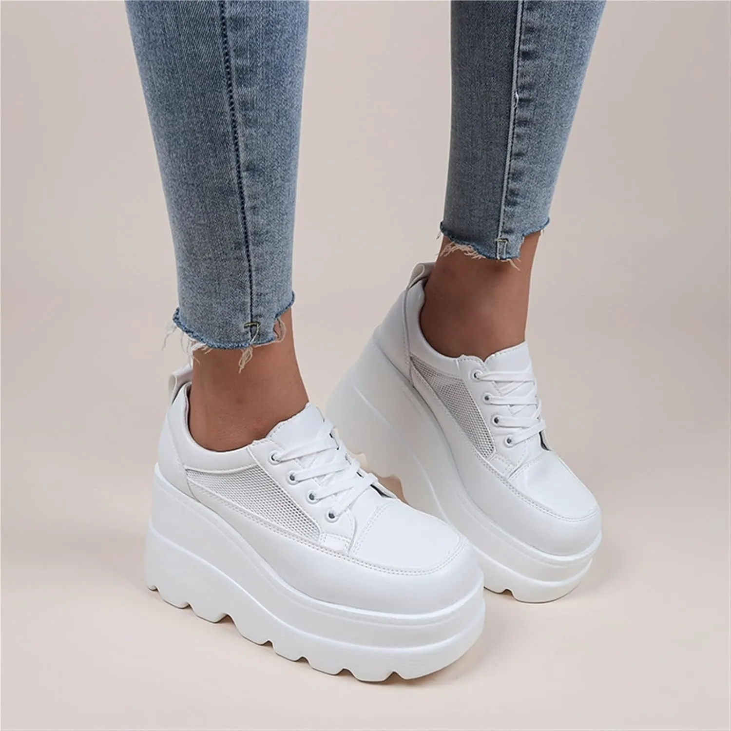 Women's Wedge Platform Mesh Sneakers Casual Fashion Breathable Hollow Non-Slip Shoes Lightweight Orthopedic Lace-up Dress Heels Walking Shoes